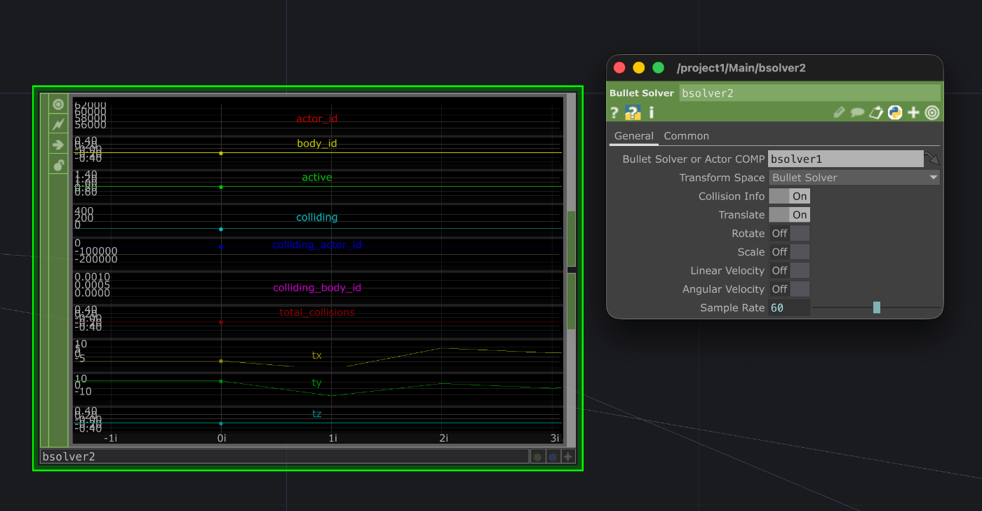 Collision Infoを有効にしたBullet Solver CHOPの出力